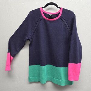 Talbots Sweater Womens XL Navy Pink Green Colorblock Lambswool Blend Pullover